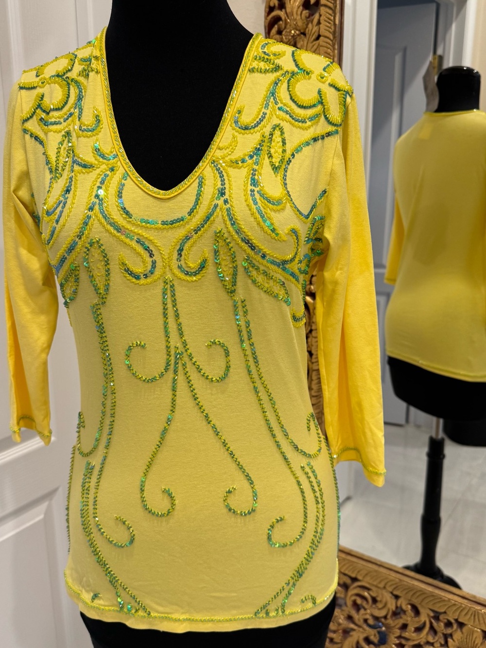 Beautiful Yellow hand beaded stretch V-Neck Women's Top sleeves